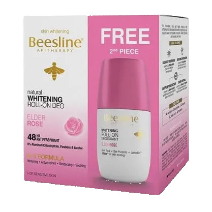 Beesline Apitherapy natural whitening roll-on deo with free 2nd piece offer on pink and white box.