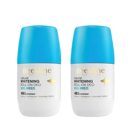 Two bottles of Beesline Natural Whitening Roll-On Deo in Cool Breeze scent, displayed side-by-side on a plain white background.