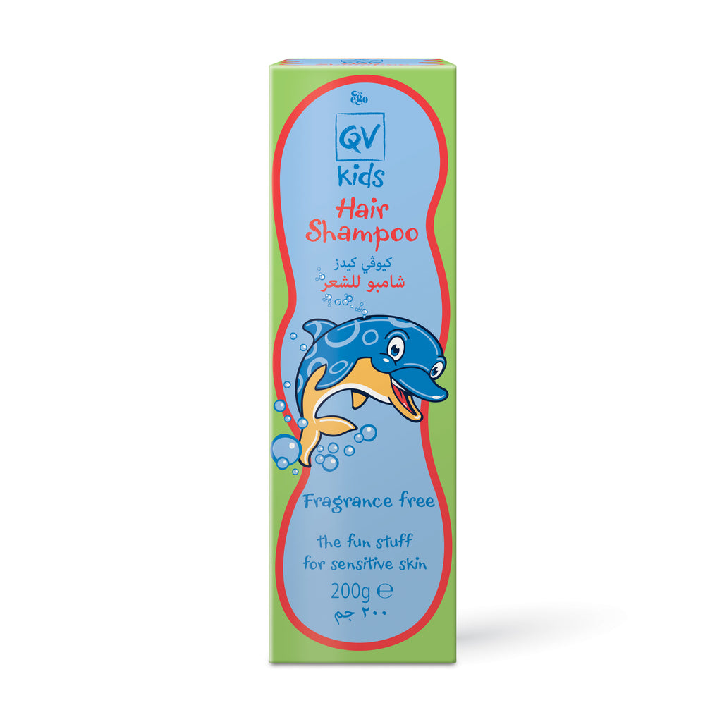 QV Kids Hair Shampoo box with a cartoon dolphin on a white background