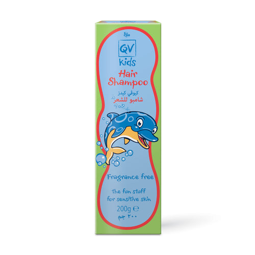 QV Kids Hair Shampoo box with a cartoon dolphin on a white background