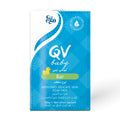 A single bar of baby soap packaging from the brand QV baby, featuring a bright blue and white design with a small yellow rubber duck illustration, set against a plain white background.