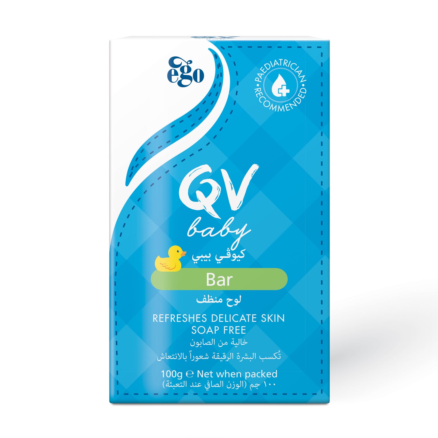 A single bar of baby soap packaging from the brand QV baby, featuring a bright blue and white design with a small yellow rubber duck illustration, set against a plain white background.