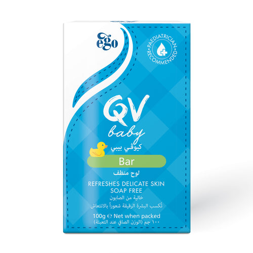 A single bar of baby soap packaging from the brand QV baby, featuring a bright blue and white design with a small yellow rubber duck illustration, set against a plain white background.