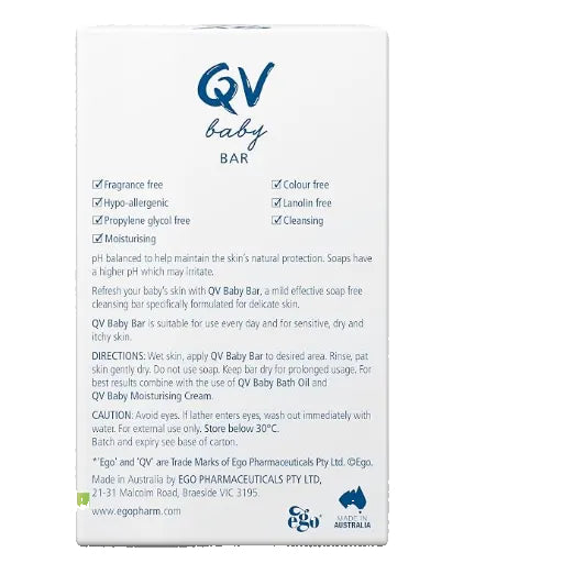 The back of an QV baby Bar cleansing package on a white background, showing product features, directions, caution, and Ego Pharmaceuticals branding.