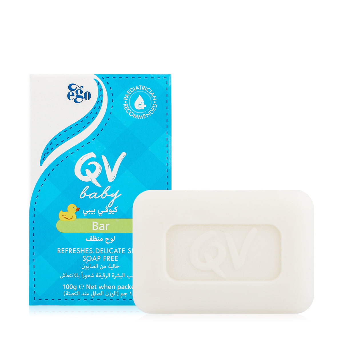 A bar of baby soap in an off-white color, shown next to its blue and white retail packaging box. The packaging features the brand name 'Ego' and 'QV baby' with a small yellow duck graphic.