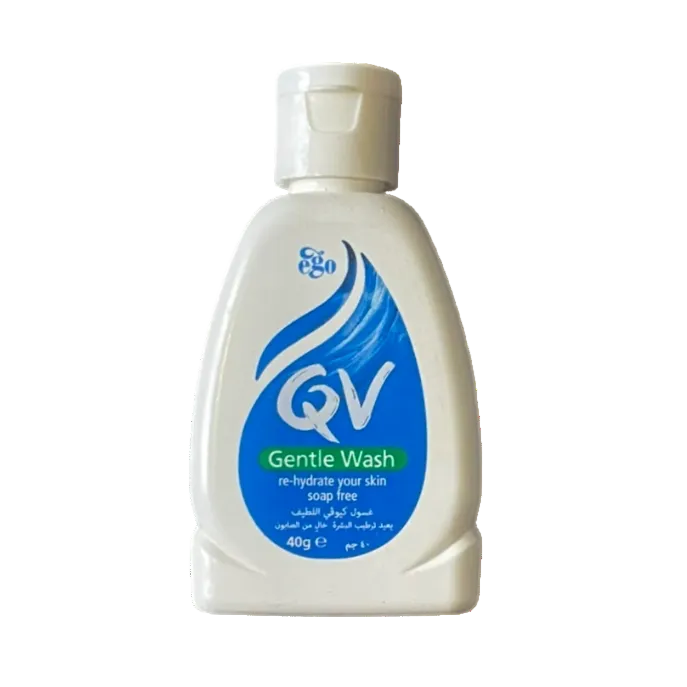 A 40g bottle of QV Gentle Wash re-hydrating soap-free hand wash, featuring a white plastic bottle with a blue and white label on a white background.
