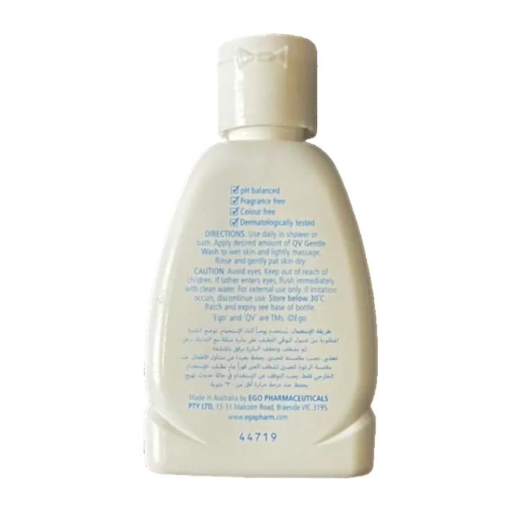A white plastic bottle of baby body wash with a flip-top cap, shown from the back against a plain white background. The back of the bottle features blue printed text detailing directions and product information.