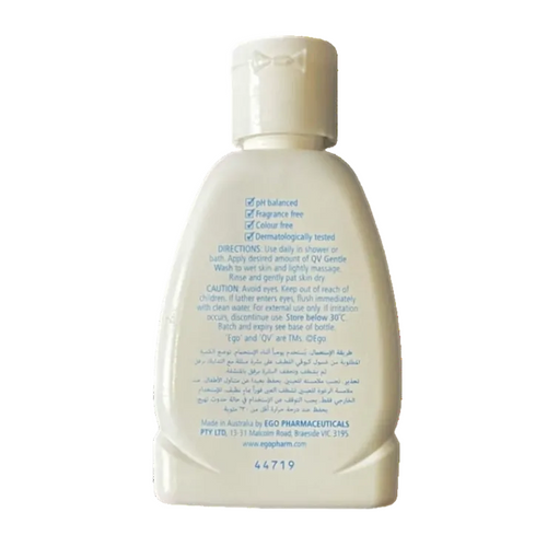 A white plastic bottle of baby body wash with a flip-top cap, shown from the back against a plain white background. The back of the bottle features blue printed text detailing directions and product information.