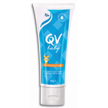 A 100g squeeze tube of QV Baby Moisturizing Cream, featuring a blue and white design with a small cartoon tiger on the front, set against a plain white background.
