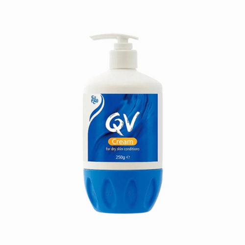 A 250g pump bottle of QV Cream for dry skin conditions, featuring a white upper body with a blue and white label, and a textured blue base, shown on a plain white background.