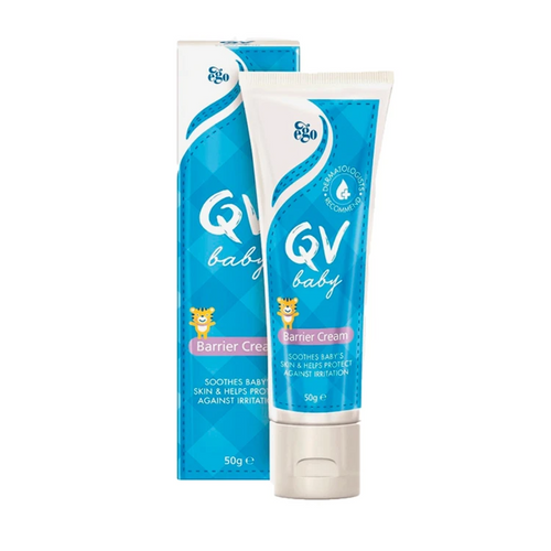 A 50g tube of QV Baby Barrier Cream stands in front of its matching blue and white packaging box on a plain white background.