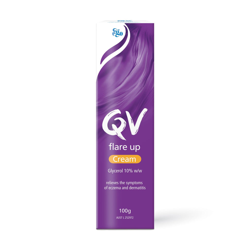 A purple and white tube of QV flare up Cream, featuring a purple hair graphic and white text, shown on a white background