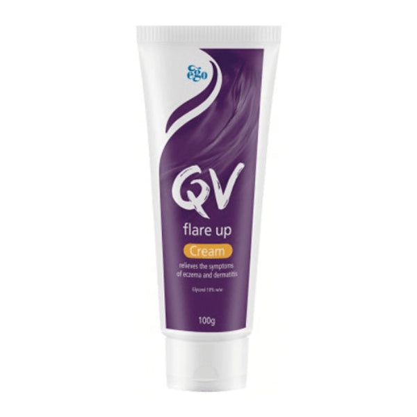 A 100g squeeze tube of Eko QV Flare Up Cream, featuring a white and deep purple label with a small orange accent, set against a plain white background.