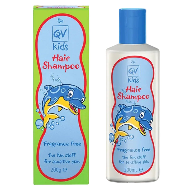 GV Kids Hair Shampoo bottle and packaging box, featuring a cartoon dolphin illustration on a white bottle and green box with blue and red accents.
