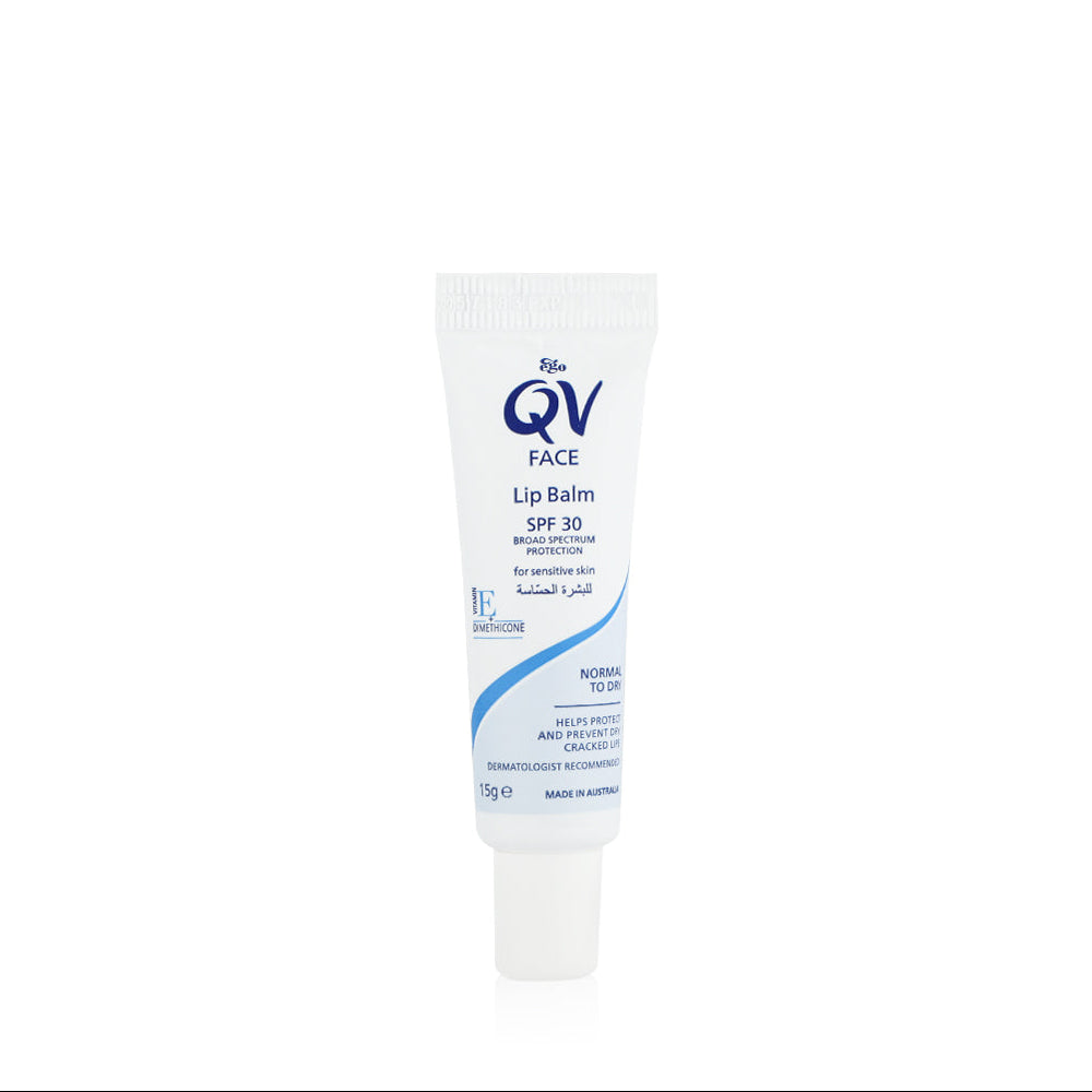 A white squeeze tube of QV Face Lip Balm SPF 30 with blue text and graphics, centered on a plain white background.