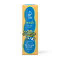 A tall rectangular box of QV Kids 'The Fun Way to Wash' soap-free kids' wash, featuring a bright yellow-orange background with a large blue central graphic and a cartoon green octopus character.