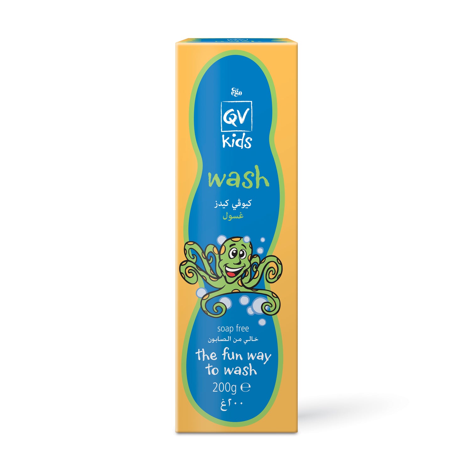 A tall rectangular box of QV Kids 'The Fun Way to Wash' soap-free kids' wash, featuring a bright yellow-orange background with a large blue central graphic and a cartoon green octopus character.